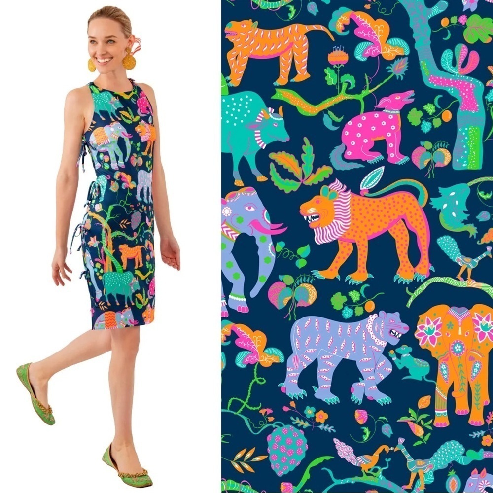 Gretchen Scott • Side Tie Dress mini shift sleeveless Animal Kingdom print navy